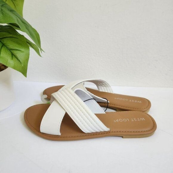 West Loop Elegant White Slide Sandals For Women, Minimalist Cross Strap … - Picture 4 of 8